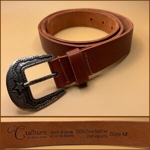 Cuirum Barcelona 100% Leather Belt Western‎ Silver Star Buckle Size M